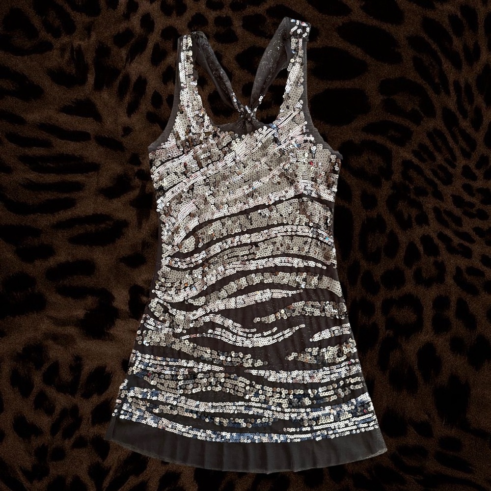 Body Central Grey Mesh and Silver Sequin Top